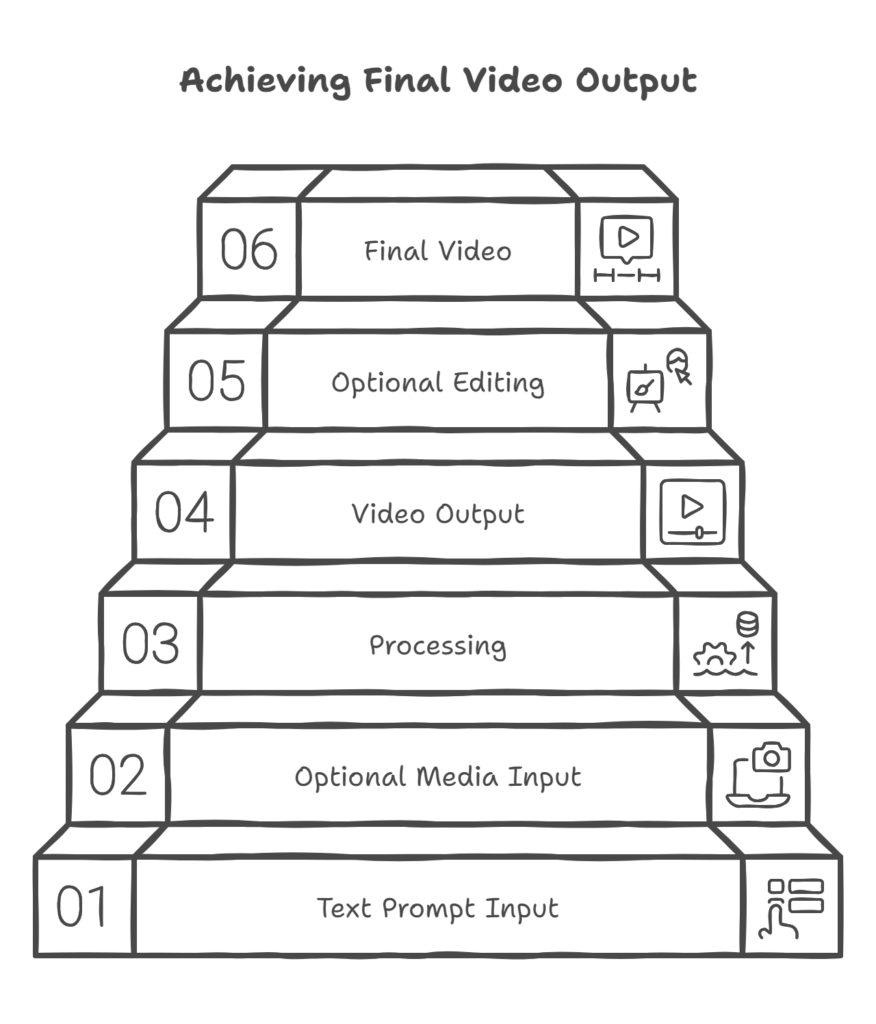 Flowchart illustrating the Google Veo 2 video generation workflow, from prompt input to final output.