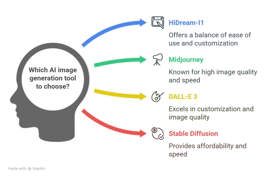 HiDream-I1 versus competitors in the best image generator landscape, comparing features like ease of use, image quality and price