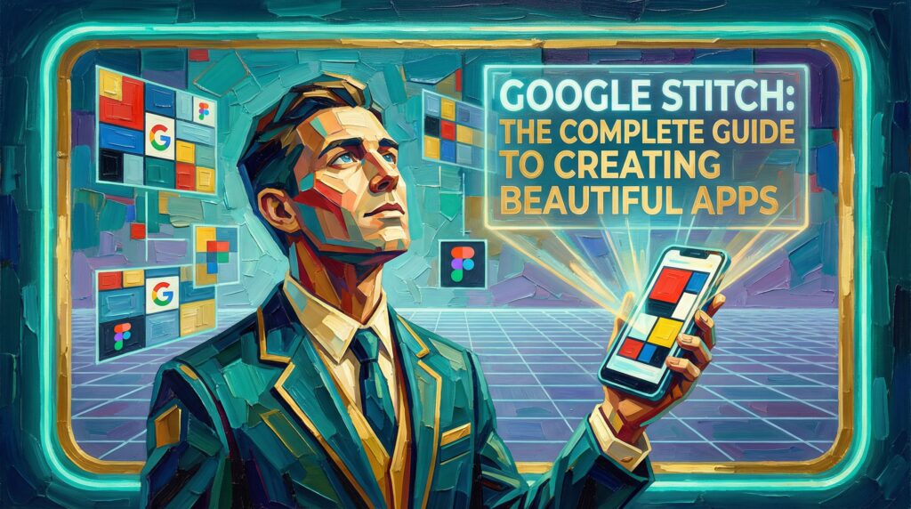 Google Stitch AI tool interface showing generated mobile app UI design from sketch input with Figma export options
