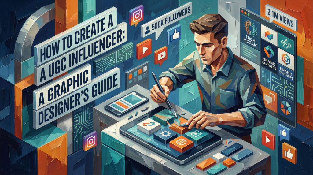 Graphic designer recording UGC influencer content with design tools and camera setup for brand partnerships