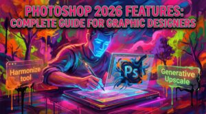 Photoshop 2026 features interface showing Harmonize tool and Generative Upscale options for graphic designers