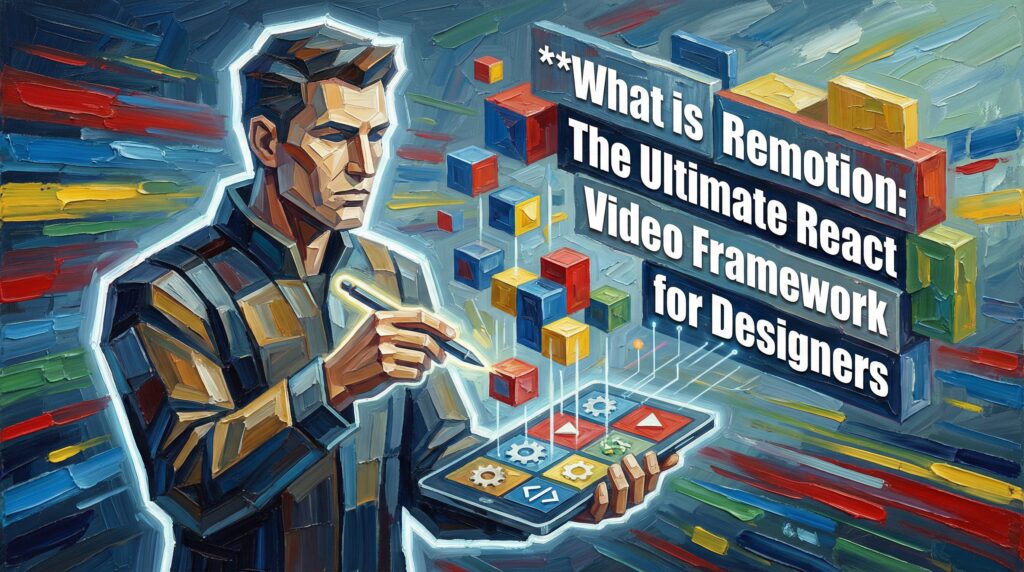 Remotion framework interface showing React-based video composition with animation timeline and component editor for graphic designers