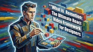 Remotion framework interface showing React-based video composition with animation timeline and component editor for graphic designers