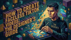 Graphic designer creating faceless TikTok videos using Canva Pro and animation software with stock footage and text overlays