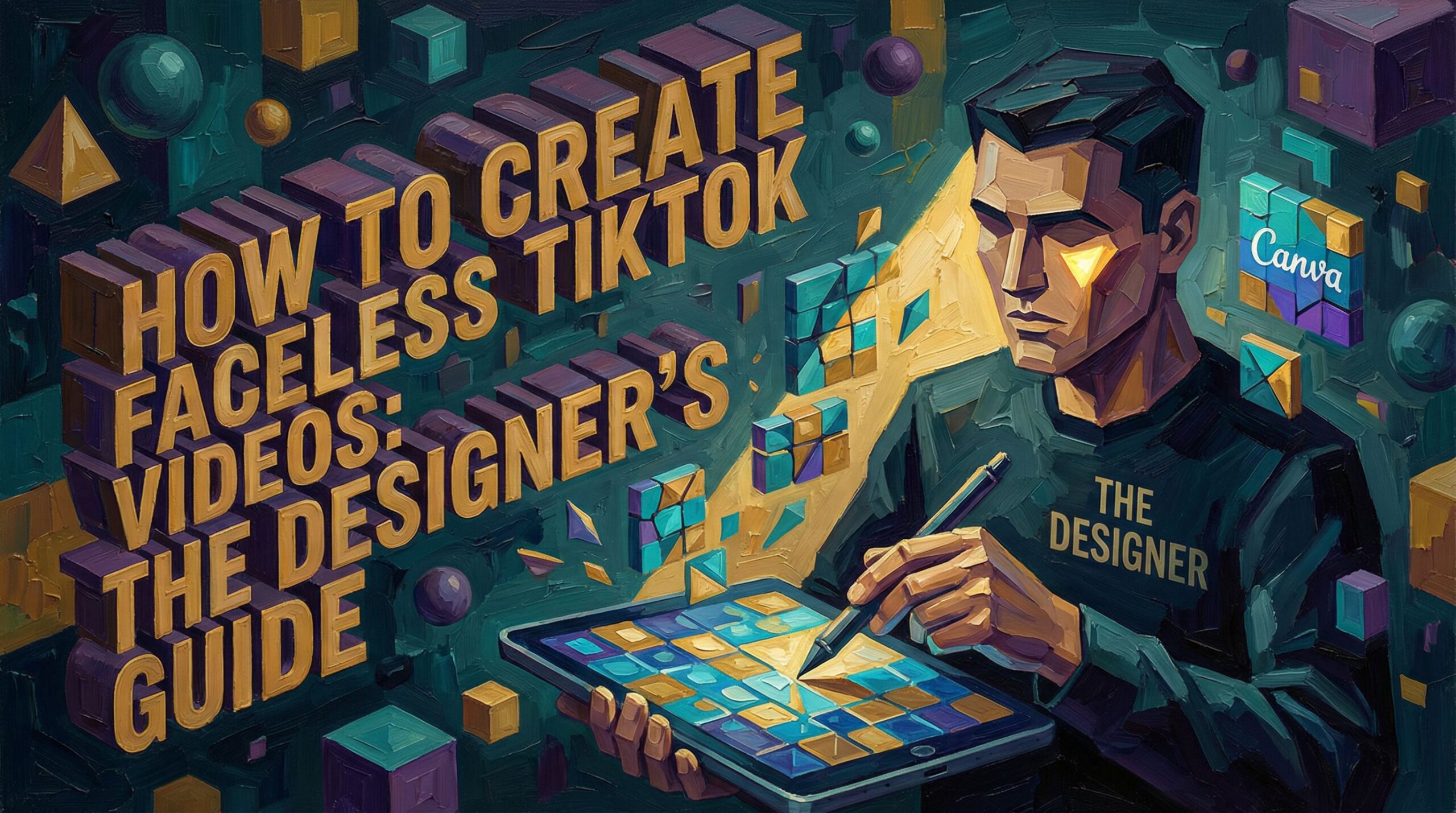 Graphic designer creating faceless TikTok videos using Canva Pro and animation software with stock footage and text overlays