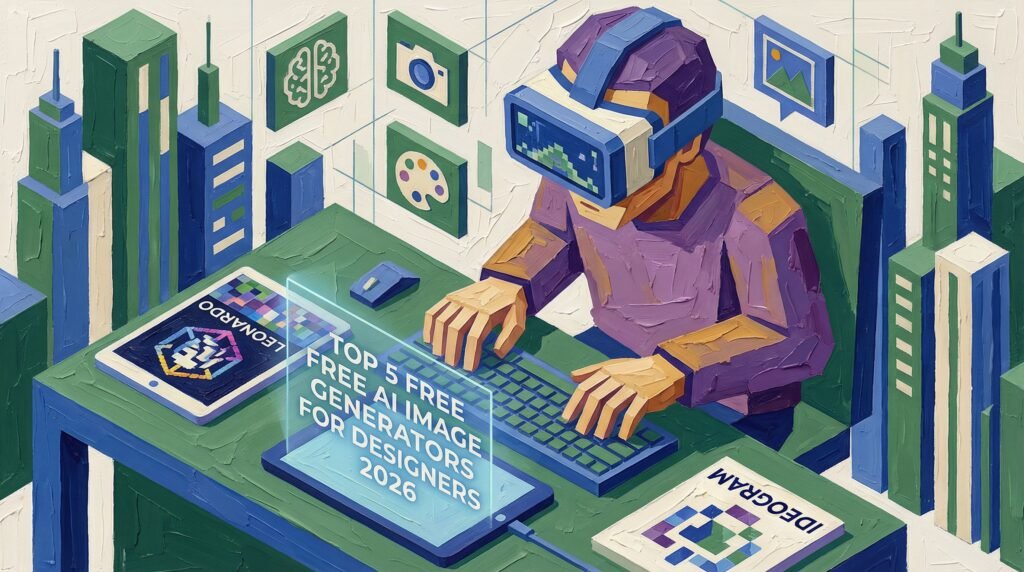 Comparison of top 5 free AI image generators for graphic designers showing Leonardo.Ai, Recraft, Ideogram, and more tools