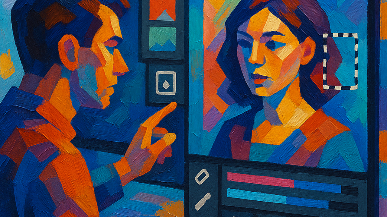 Geometric impasto style illustration of AI image editing with FLUX.1 Kontext showing digital artist working with layers and context-aware editing interface, vibrant colors with thick visible brushstrokes