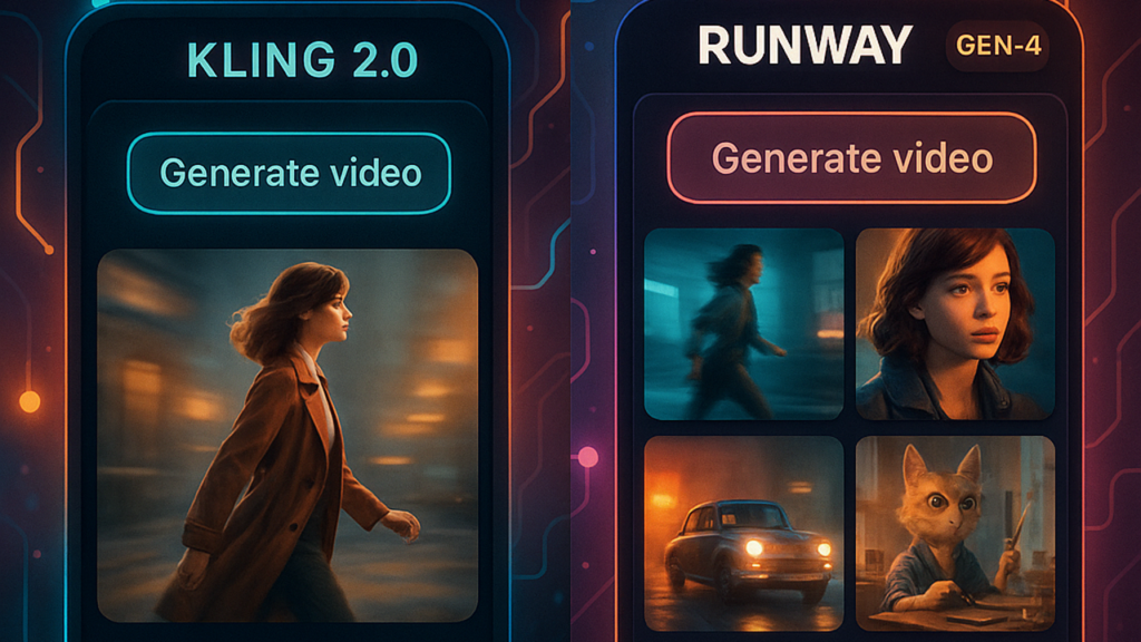 Surreal digital illustration comparing Kling 2.0 and Runway Gen-4 AI video generators - split screen showing smooth cinematic motion vs rapid creative iteration, glowing connections, vibrant colors, modern design