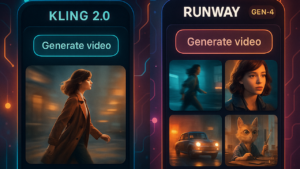 Surreal digital illustration comparing Kling 2.0 and Runway Gen-4 AI video generators - split screen showing smooth cinematic motion vs rapid creative iteration, glowing connections, vibrant colors, modern design